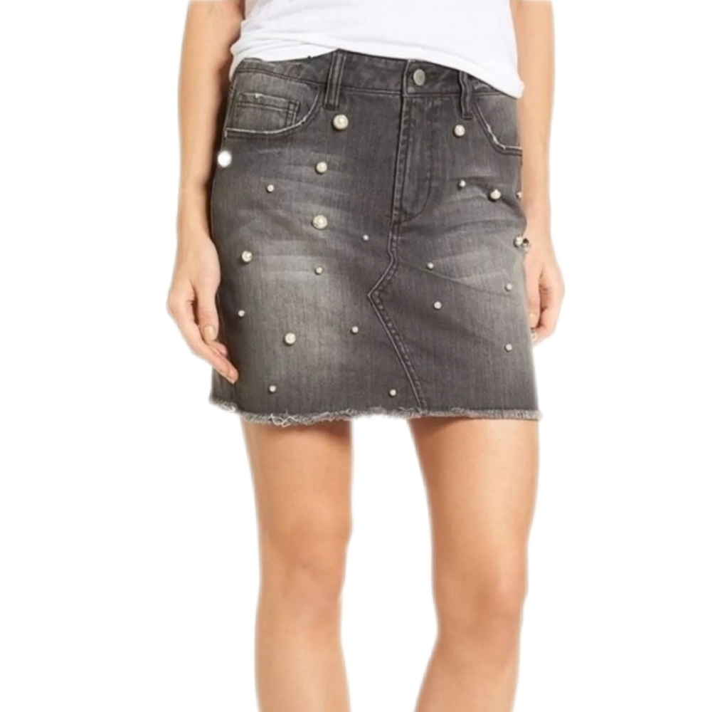 Design Lab Lord & Taylor Denim Mini Skirt Pearl Embellished Frayed Jewel Size 25